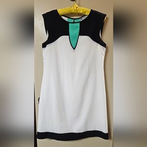 Leslie Fay Shift Dress Black and White with Teal Size 6